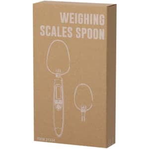 A boxed set of weighing scales with a spoon design, featuring a digital display, in a simple brown packaging.
