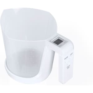 A white measuring scale with a transparent bowl and digital display for measuring liquids. It features a logo on the side.