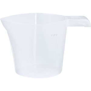A white plastic measuring scale with a spout and measurement markings on the side.