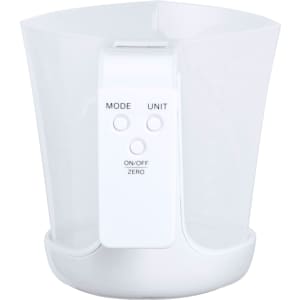 A white Plazix Measuring Scale with a transparent measuring cup and button controls for mode and unit settings.