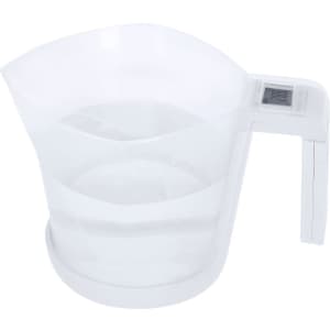 A clear plastic measuring jug with a handle and a digital display on the side, filled with water.