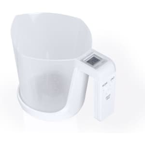 A clear plastic measuring scale in white with a digital display and measurement unit switch.