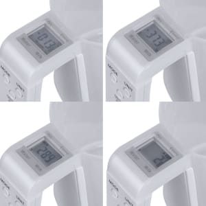 A white Plazix measuring scale with a digital display, showing various water measurements.