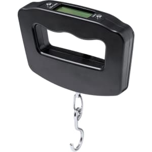A black digital weighing scale with a hook. The device features a display and a handle for easy use.