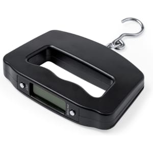 A black digital weighing scale with a hook, featuring a display screen and ergonomic handle. It has a logo.