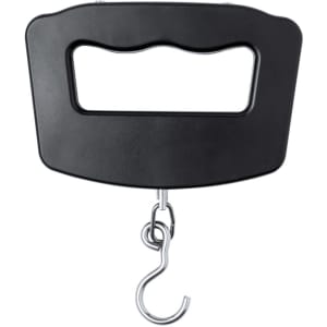 A black weighing scale with a hook and a handle for easy gripping. It has a sleek, minimalist design.