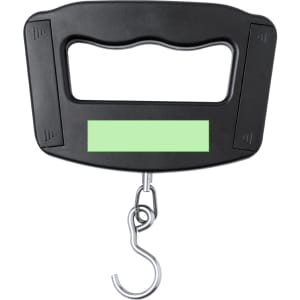 A black weighing scale with a handle and a metal hook for weighing objects. It features a plain area for branding.