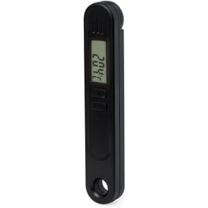 A black digital thermometer with a slim design and an LCD display featuring buttons.
