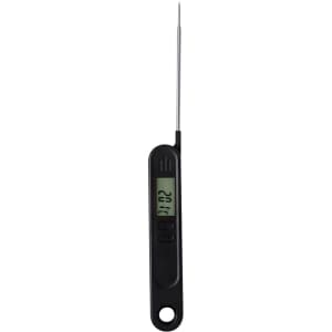 A black digital thermometer with a long, slim probe and an LCD display. It features a logo on the body.