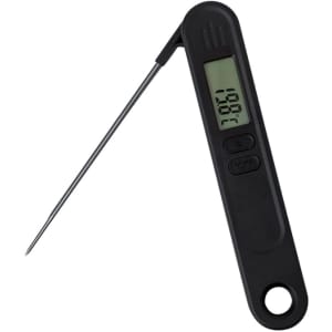 A black digital thermometer with a foldable stainless steel probe and a display screen. It has a branding logo.
