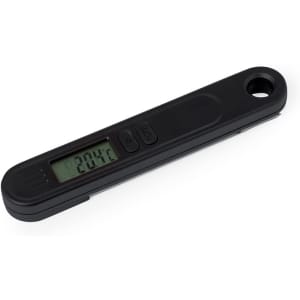 A black digital thermometer with a display reading 20.4°C and two buttons, featuring a logo.