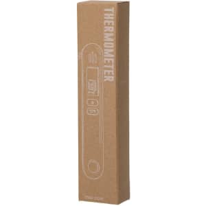 A cardboard packaging for a thermometer, featuring a simple design with an illustration of the product in white.