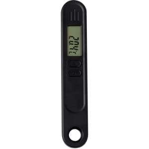 A black digital thermometer with a display and buttons, featuring a sleek design and a loop for hanging.