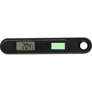 A black digital thermometer featuring a display screen and buttons for temperature readings and functions.