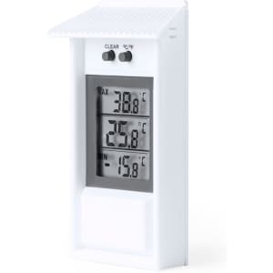 A white thermometer with digital displays showing maximum, minimum, and current temperatures in Celsius.