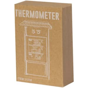 A brown cardboard box containing a thermometer, illustrated with product details and a logo on the front.