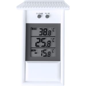 A white thermometer with a digital display showing maximum, minimum, and current temperatures in Celsius.