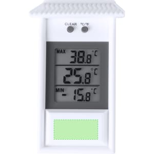 A white thermometer with a roof-shaped design, displaying temperature readings in Celsius and Fahrenheit.