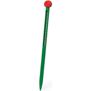 A green soil thermometer with a red top, featuring a measurement scale and a logo.
