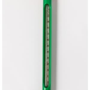 A green soil thermometer with a clear measurement scale ranging from 0 to 100 degrees Celsius.