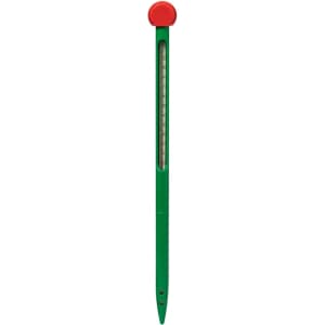 A green soil thermometer with a red top, featuring a clear measuring scale for temperature readings.