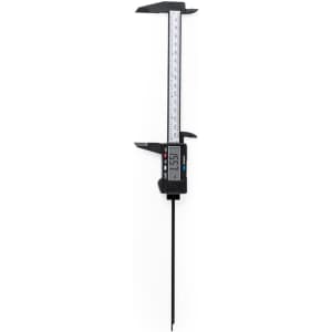 A black digital caliper tool with a measuring scale and a logo, shown vertically against a white background.