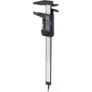 A black digital caliper with a measuring scale, featuring a display and a logo.