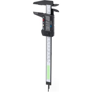 A black digital caliper with a manual scale, featuring a logo. It has a sleek design suitable for precise measurements.