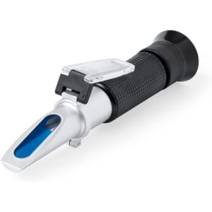 A silver and black Jekux refractometer with a clear lens cover and a blue viewing window. It has a textured grip.