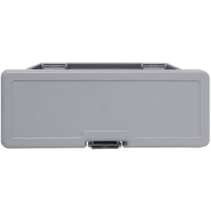 A grey storage case with a hinged lid, featuring a clasp for secure closing.