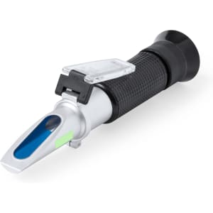 A refractometer in silver and black, featuring a clear viewing lens and a textured grip. It has a small logo on the side.