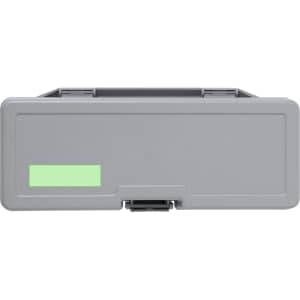 A grey protective case with a latch and a green label area, designed for technology equipment.