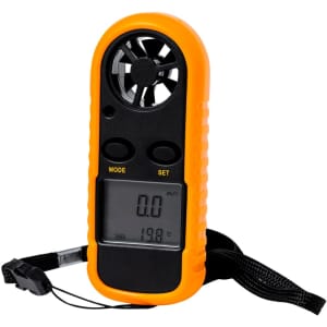 A handheld Balest Anemometer in orange and black, featuring a fan and digital display with a wrist strap.