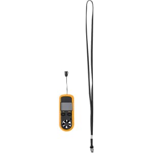 A small orange and black anemometer with buttons, accompanied by a lanyard for easy carrying.