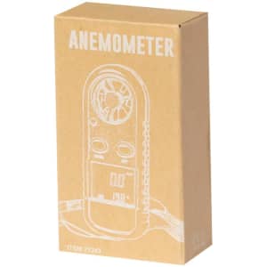 A brown cardboard box containing an anemometer design, featuring buttons and a display. The box has a logo.