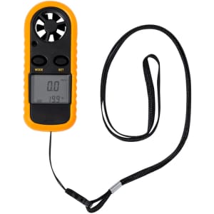 A black and orange Balest Anemometer with a digital display and a black wrist strap.