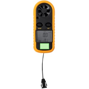 A yellow and black Balest Anemometer with a digital display and a cable attached. It features a small fan on top.