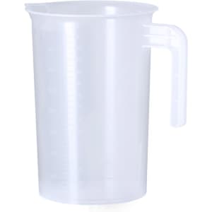 A clear plastic measuring jug with a handle and measurement markings on the side.