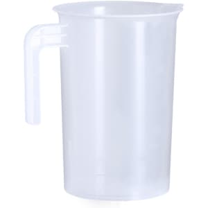 A clear plastic measuring jug with a handle, featuring a simple design. It has a subtle branding logo.