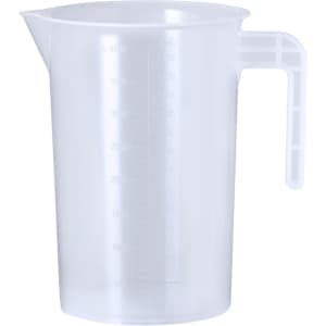 A transparent measuring jug with a spout and handle, featuring measurement lines in millilitres and litres.