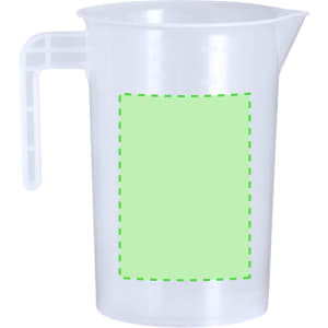 A clear measuring jug with a handle, featuring a blank green area for customisation.