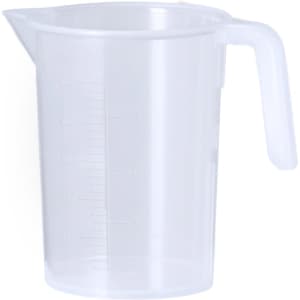 A transparent measuring jug with a handle and measurement markings on the side.