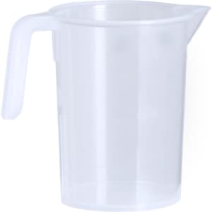 A clear plastic measuring jug with a handle and spout, featuring a simple design and lightweight construction.