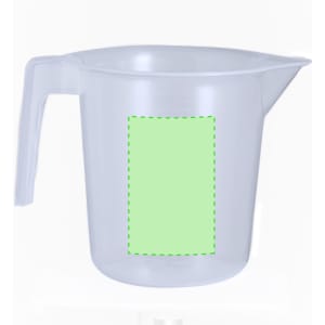 A transparent measuring jug with a handle, featuring a plain area for labelling. It is colourless and lightweight.