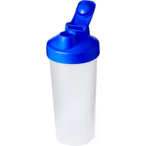 A drink bottle with a blue lid and top, featuring a clear body, and a built-in straw opening.