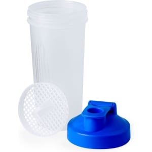 A drink bottle in clear plastic with a blue lid and a mesh filter for mixing contents.
