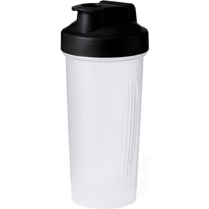 A drink bottle in white with a black lid, featuring a textured grip and a logo.