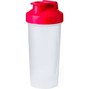 A drink bottle in clear plastic with a bright pink lid and spout, featuring a logo on the side.