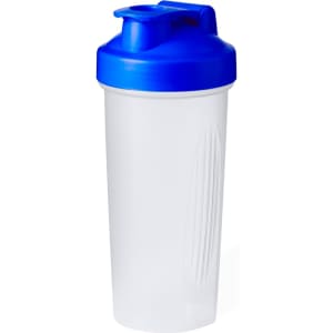 A drink bottle with a blue lid and a clear body, featuring a logo on the surface.