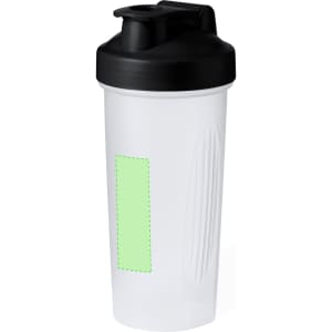 A drink bottle with a translucent white body and a black lid, featuring a rectangular area in a light green shade.